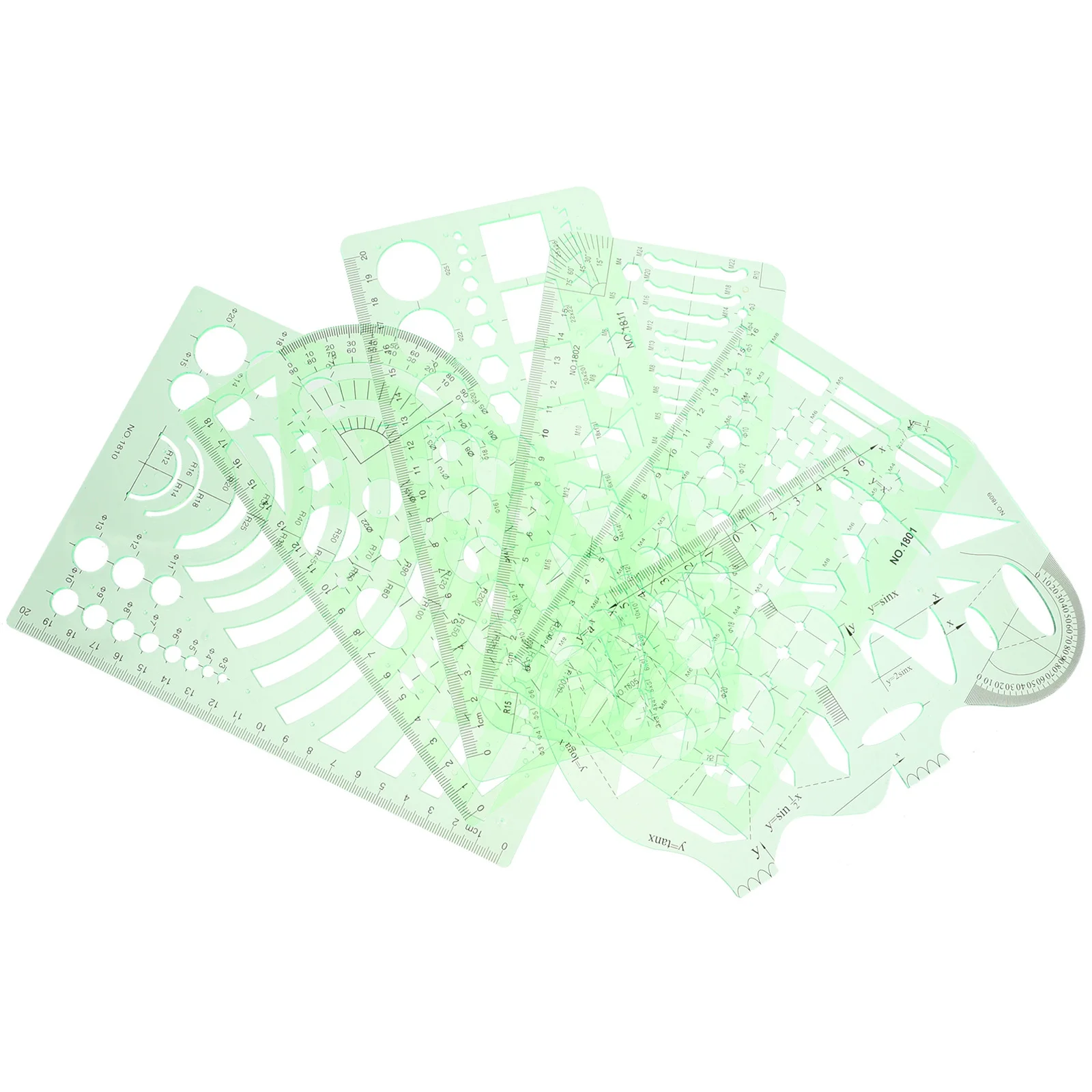 1 set geometrische tekening sjabloon set 6 vormen transparant groen plastic liniaal voor school kantoor kunst tekengereedschappen stencils