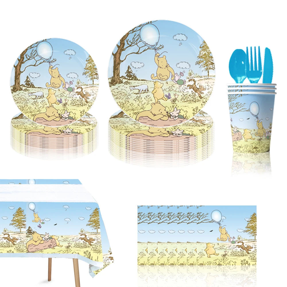 Winnie The Pooh Birthday Party Decorations Balloon Tablecloth Paper Cups Plates Banner Cake Toppers for Kids Boys Baby Shower