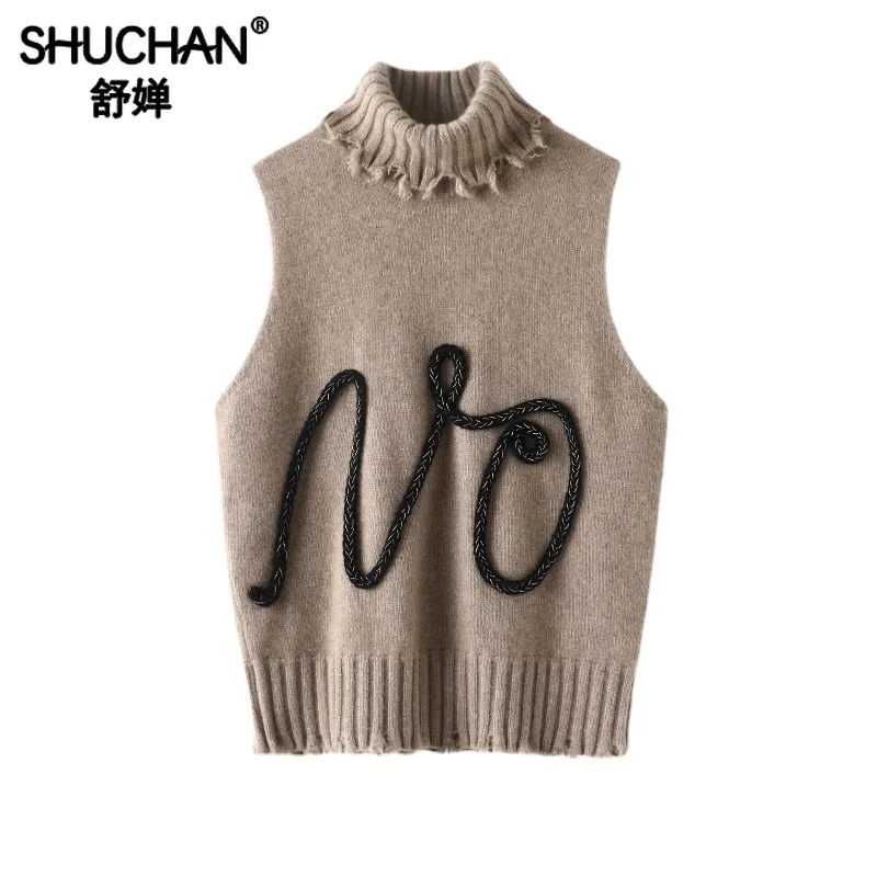 

Design Thick Warm 100% Cashmere Pure Sweater Vest Women Winter New England Style Appliques Turtleneck Sweaters