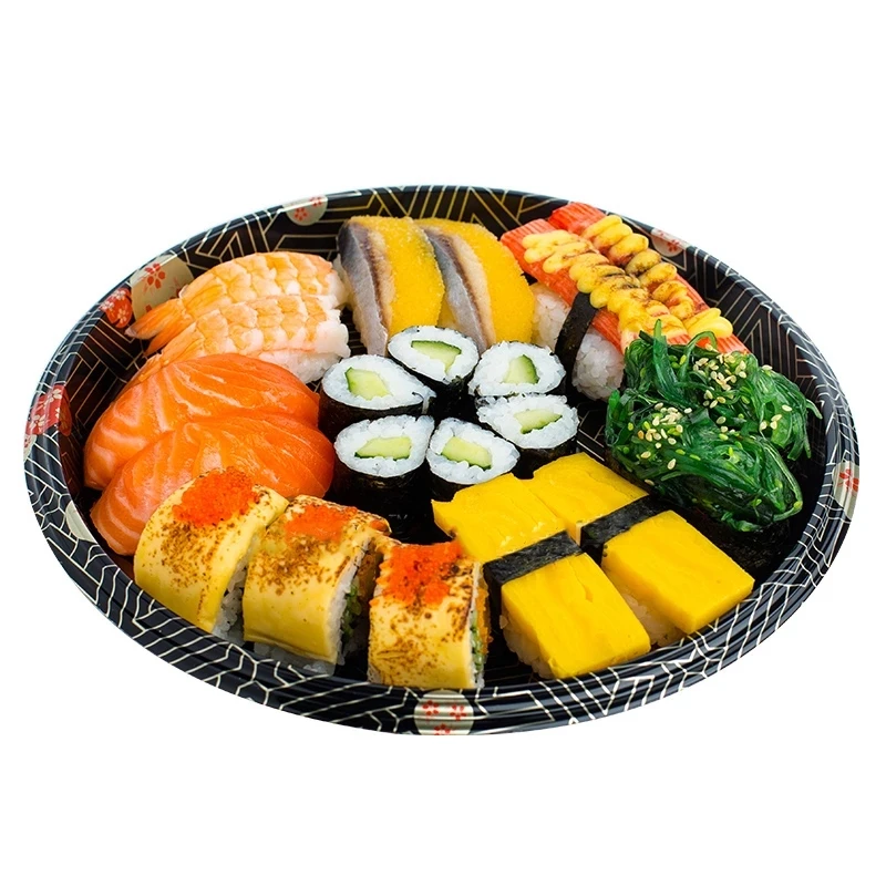 Food Tray Take-away Box with Lid, Plastic Round Sushi Dish, Sashimi Platter, Big Capacity, Salad Box, Floral Plate, 25Pcs