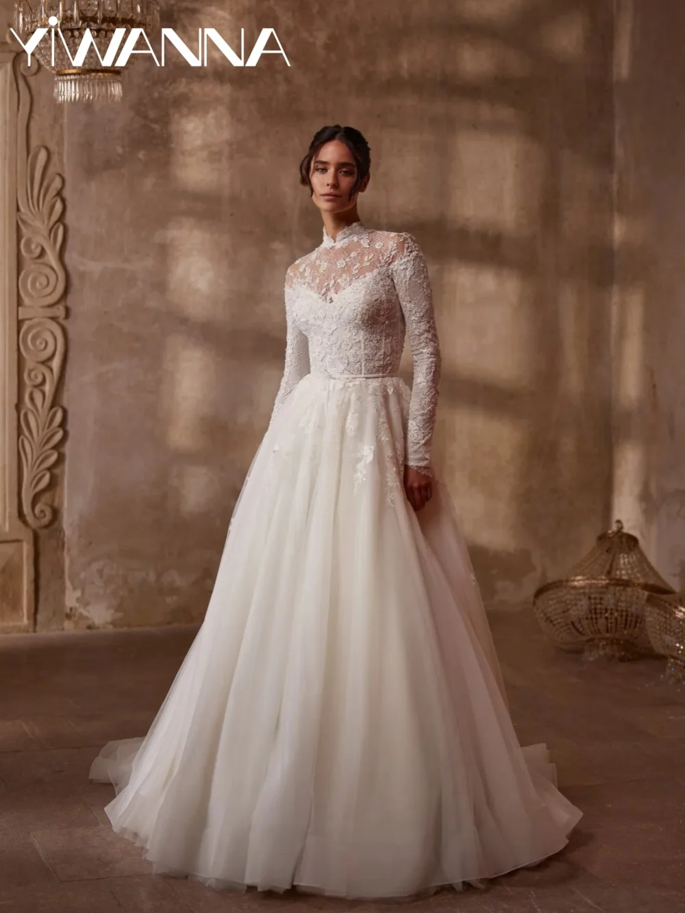 

New Lace Appliques A-line Tulle Wedding Dress Modest High Collar Long Sleeve Bridal Gown Customized Charming Dresses For Bride