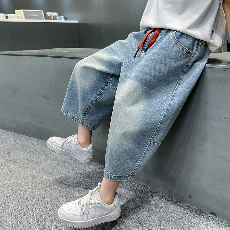 Kids Summer Wide Leg Ankle Jeans for Tween Boys Fashion Casual Loose Denim Pants Teens Child Baggy Jeans Trousers 5 7 9 11 13 14