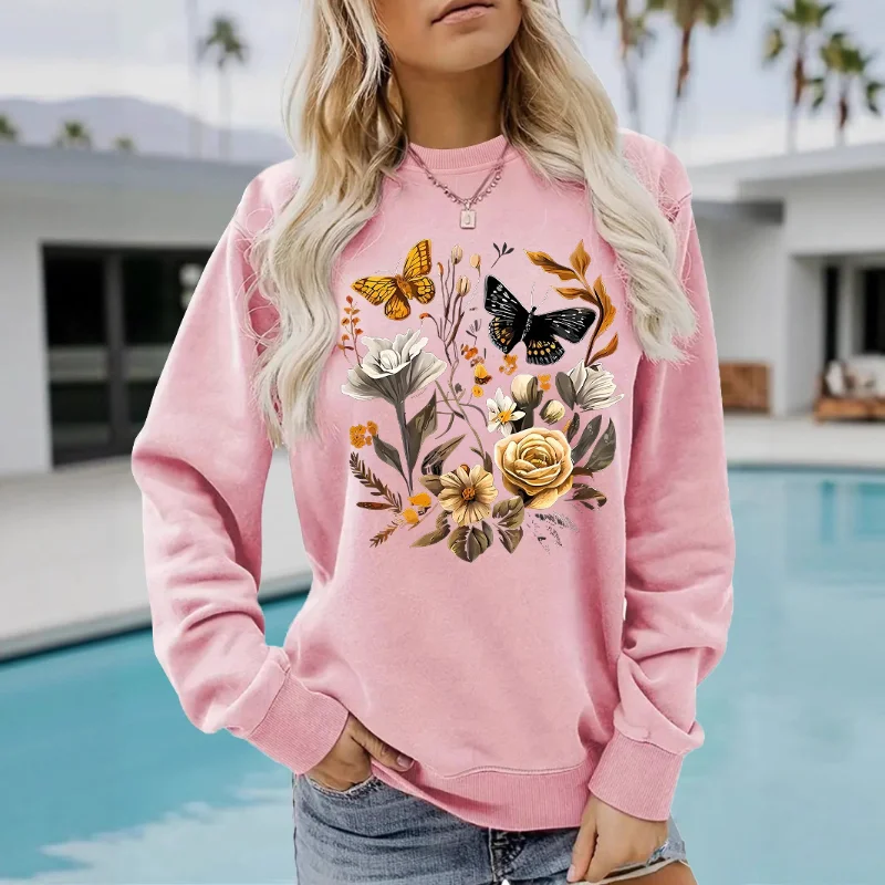 

Женская ветровка с круглым вырезом и принтом бабочки и цветочного узора, повседневный теплый пуловер с длинными рукавами для женщин, эстетичный