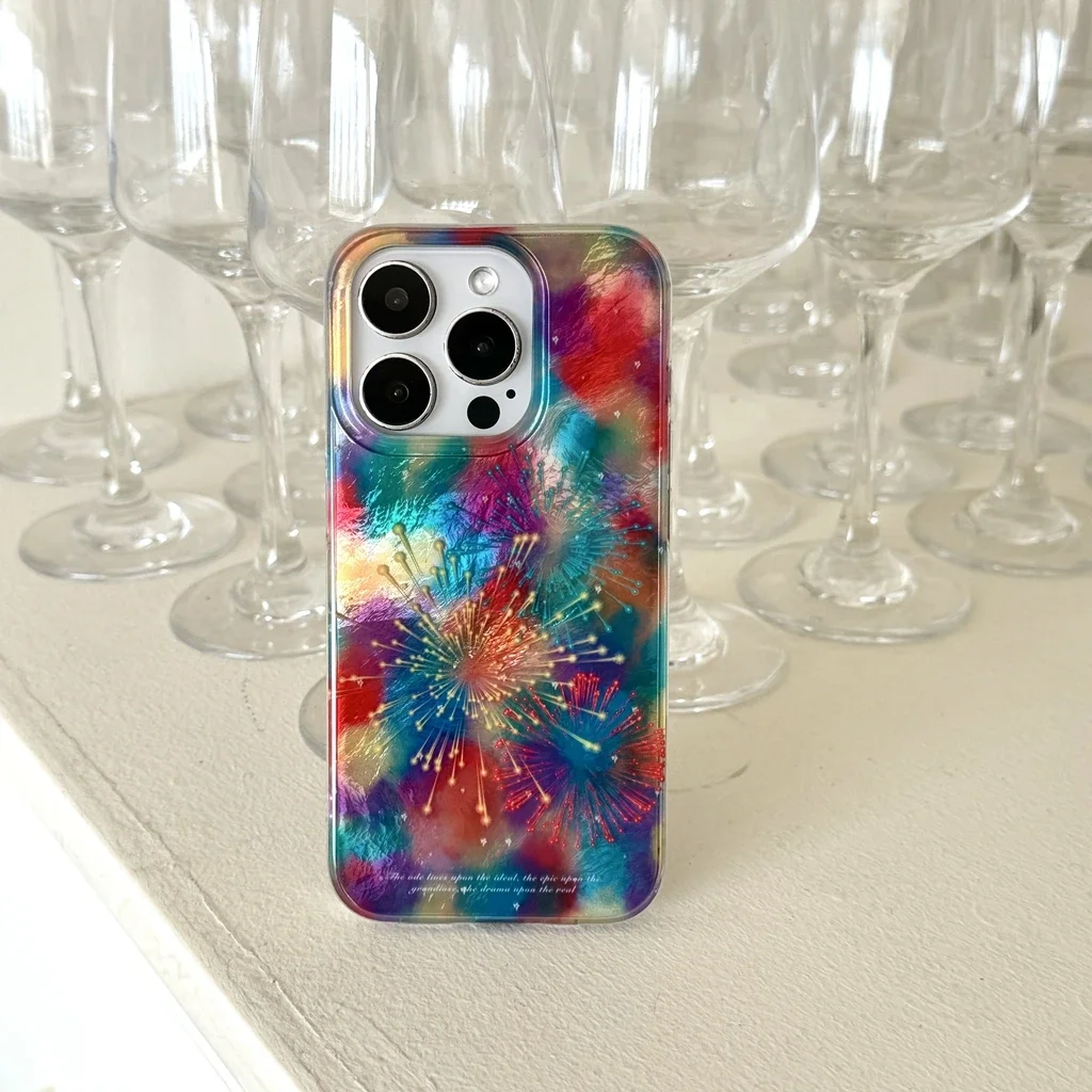 Fireworks Color Gradient Tin Foil Pattern Shockproof Protective Phone Cover Case for iPhone 16 15 14 13 Pro Max