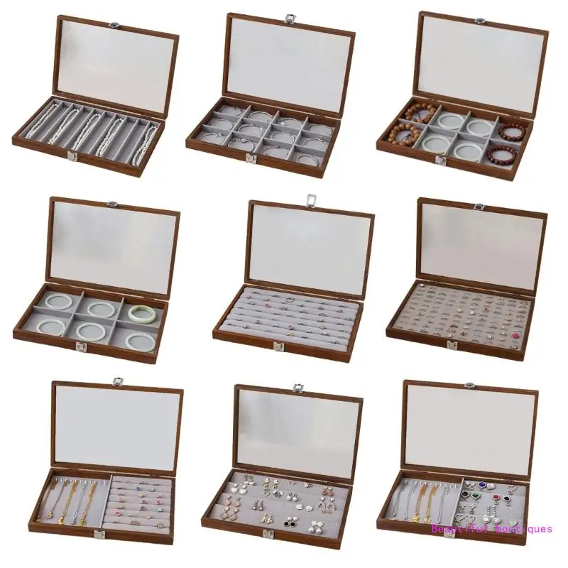 Multipurpose Jewelry Organizers Box Wood Earring Organizers Box with Multi Slots and Clear Lid for Accessory Display DropShip