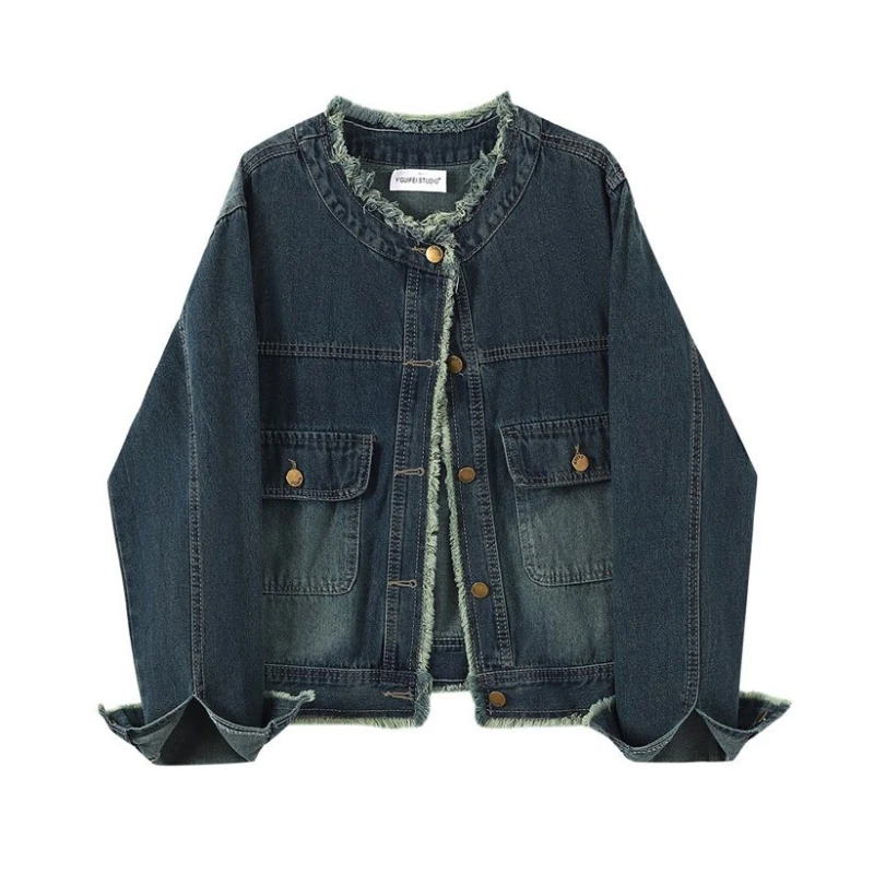 

Women Denim Coats Round Neck Coat Casual Loose Turn Down Collar Y2k Streetwear Jackets Open Stitch Elegant Splice Jacket Work