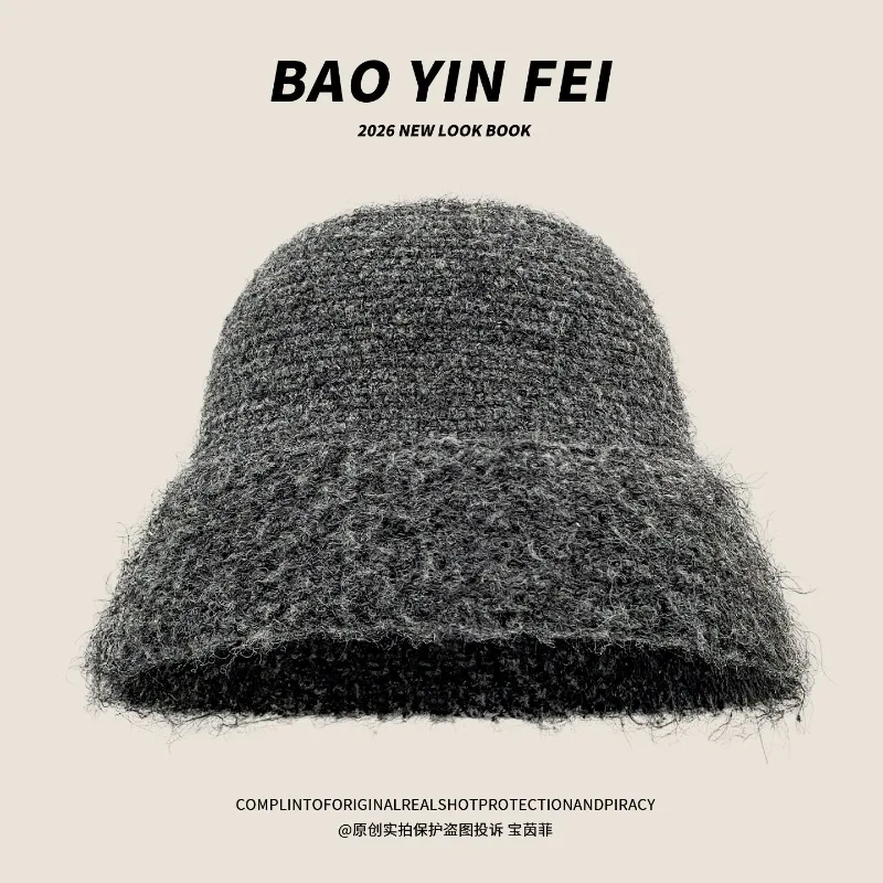 Einfache koreanische Plüsch-Strick-Fischerhut für Damen, warm, elegant, für Herbst und Winter, für große Köpfe, mit breiter Krempe, Kuppel-Eimerhut – Detail 3