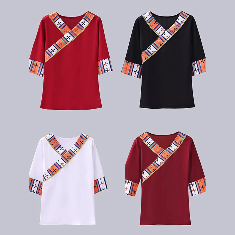 Chinese Tibetaanse Dans T-shirt Vrouwen Tibetaanse Dans Podium Tops Nationale Minderheid Shirts Etnische Stijl Traditie Danskostuums