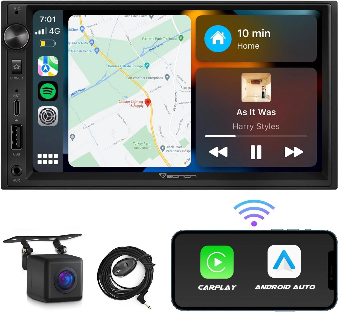 

7-Inch Double Din Car Stereo with Wireless CarPlay, Android Auto, AHD Camera, DSP & Fast Charge