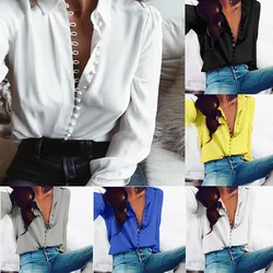 Women Fashion Casual Solid Long Sleeve Blouse Lapel Office Lady Blouse Women Sexy Buttoned Regular Spring Summer Tops 2024 New