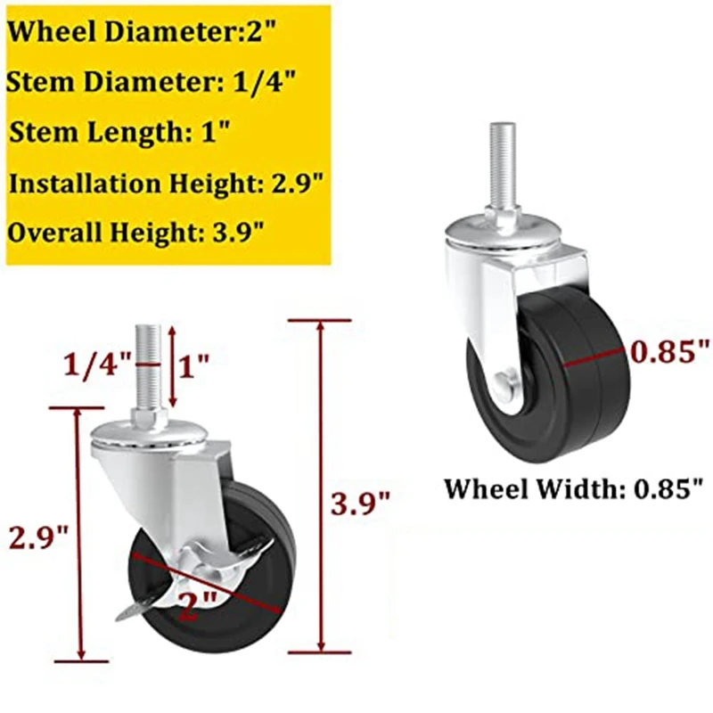 Roulettes adaptées aux étagères métalliques, pieds T1, diamètre de vis 1,4 ", longueur 1", 2"