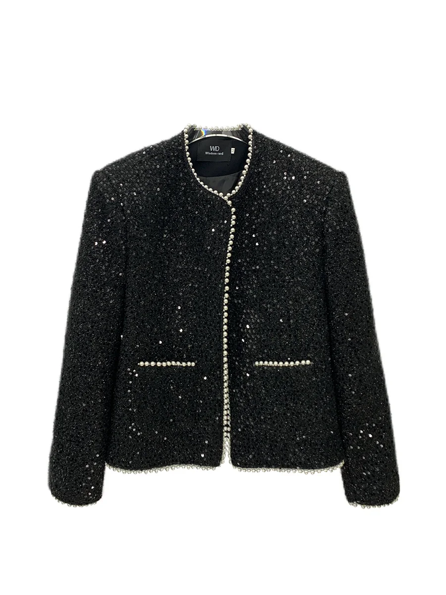 Autumn New Design Sense Sequin Round Neck Short Jacket Stylish Men Korean Version Ins Trend Loose Pearl Jacket