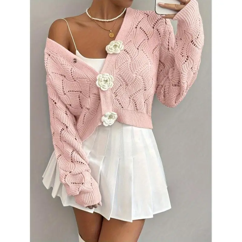 

Floral Cropped Cardigan Women's Short Open-Shirt Style Super Thin A-Line Sweater Back Strap Fly Sleeve Nylon Material
