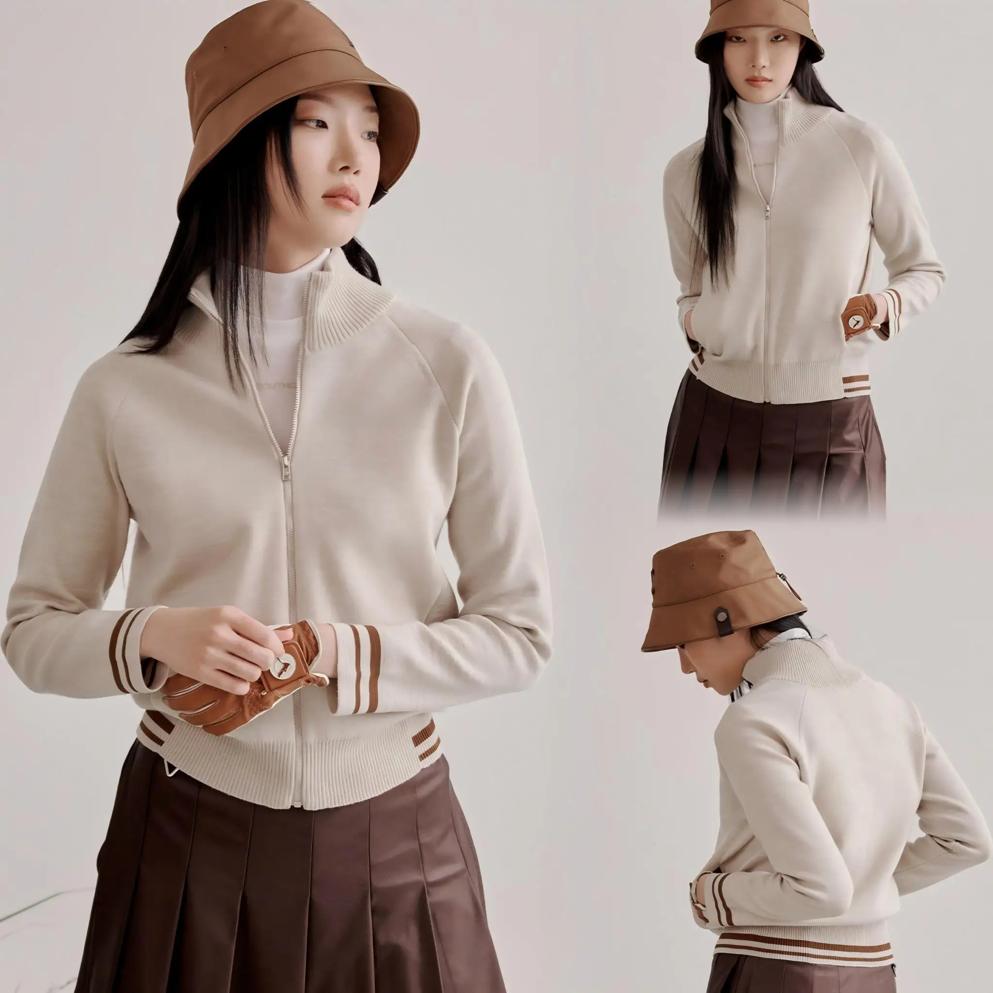 New Women Autumn‑Winter Wool Knit Cardigan Minimal Trendy Color Matching Versatile Casual Ladies Golf Outer Jacket