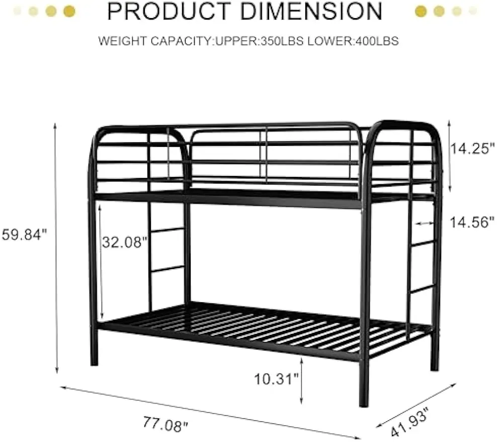 Metal Bunk Bed Twin Over Twin Size, Heavy Duty Bed with Safety Guard Rails and Space-Saving Design, Steel Bed for School