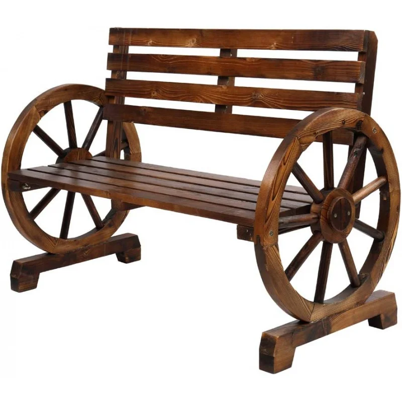 Wooden Garden Bench, Rustic Wagon Wheel Bench with Armrest & Fir Construction Garden Porch Backyard Patio Park,