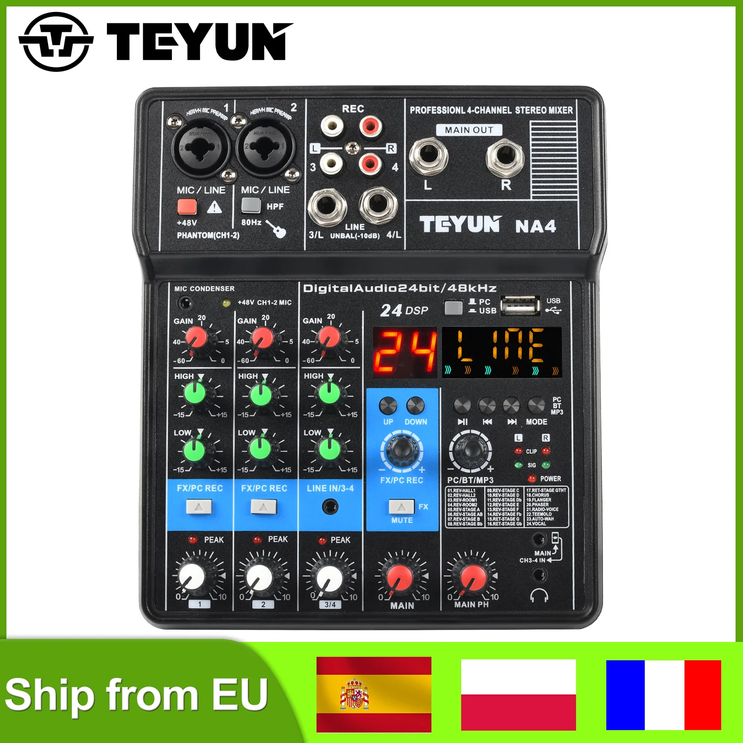 TEYUN 24 DSP Effects 4 Channel Audio Mixer USB PC Play Record Bluetooth Mixing Console 48V Sound Table Dj Broadcast Party NA4