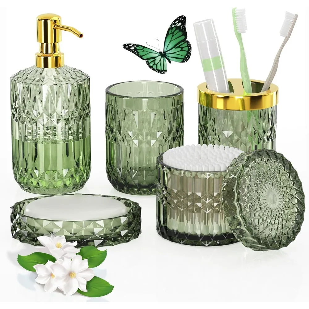 

Зеленый набор аксессуаров для ванной комнаты, 5-комплекты аксессуаров для ванной комнаты из прозрачного стекла с дозатором лосьона и мыла, мыльница, зубная щетка