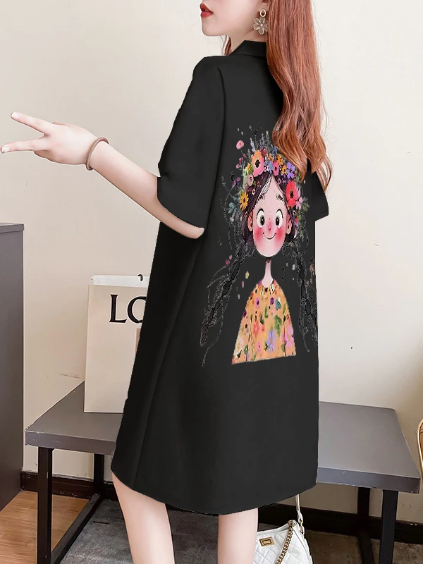 plus Size  Neck Short Sleeve T-Shirt Dress Summer Pure Cotton Loose Slimming Midi Knee-Long Trendy Korean Style A-Line Dress