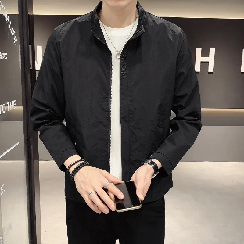 Men Stand Collar Windbreaker Jacket Embroidered Letter Casual Lightweight Outerwear For Spring Autumn Summer