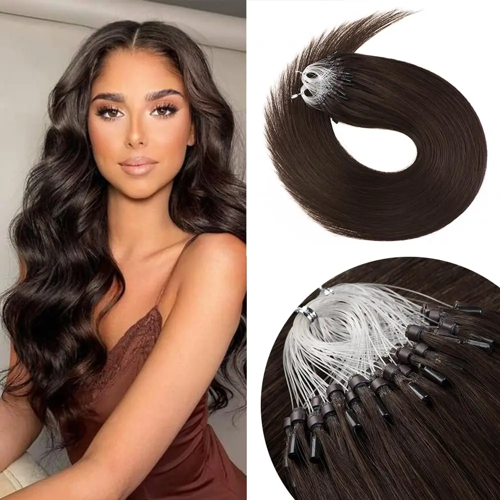 100% Human Hair Straight Micro Loop Ring Extensions Weft With Silicone Rings For Damage Free Installation