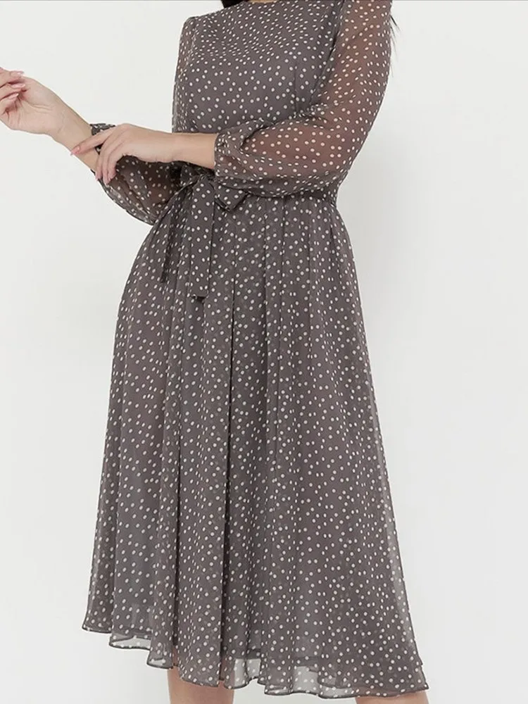 Spring Summer Women\'s Chiffon Dress Long Sleeves Round Neck Coffee Color Black Polka Dot Fashion Print Casual Comfortable Dress