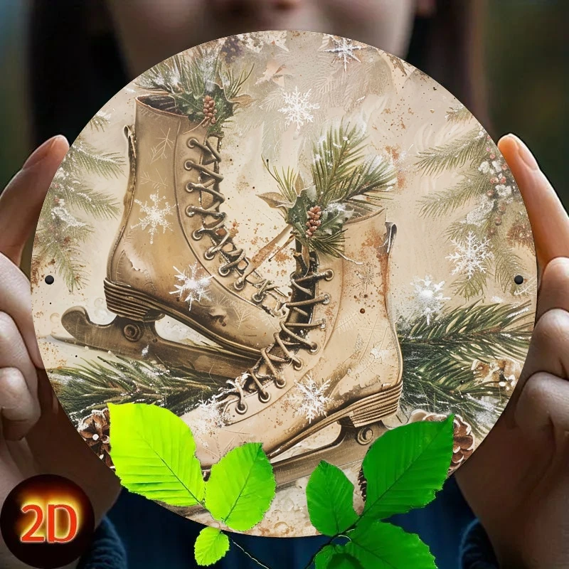 [2D Flat] 1pc Vintage Winter Ice Skates Metal Sign - 7.87x7.87 Inch Round Iron Wall Art with Snowy Pine Design, Perfect for Home