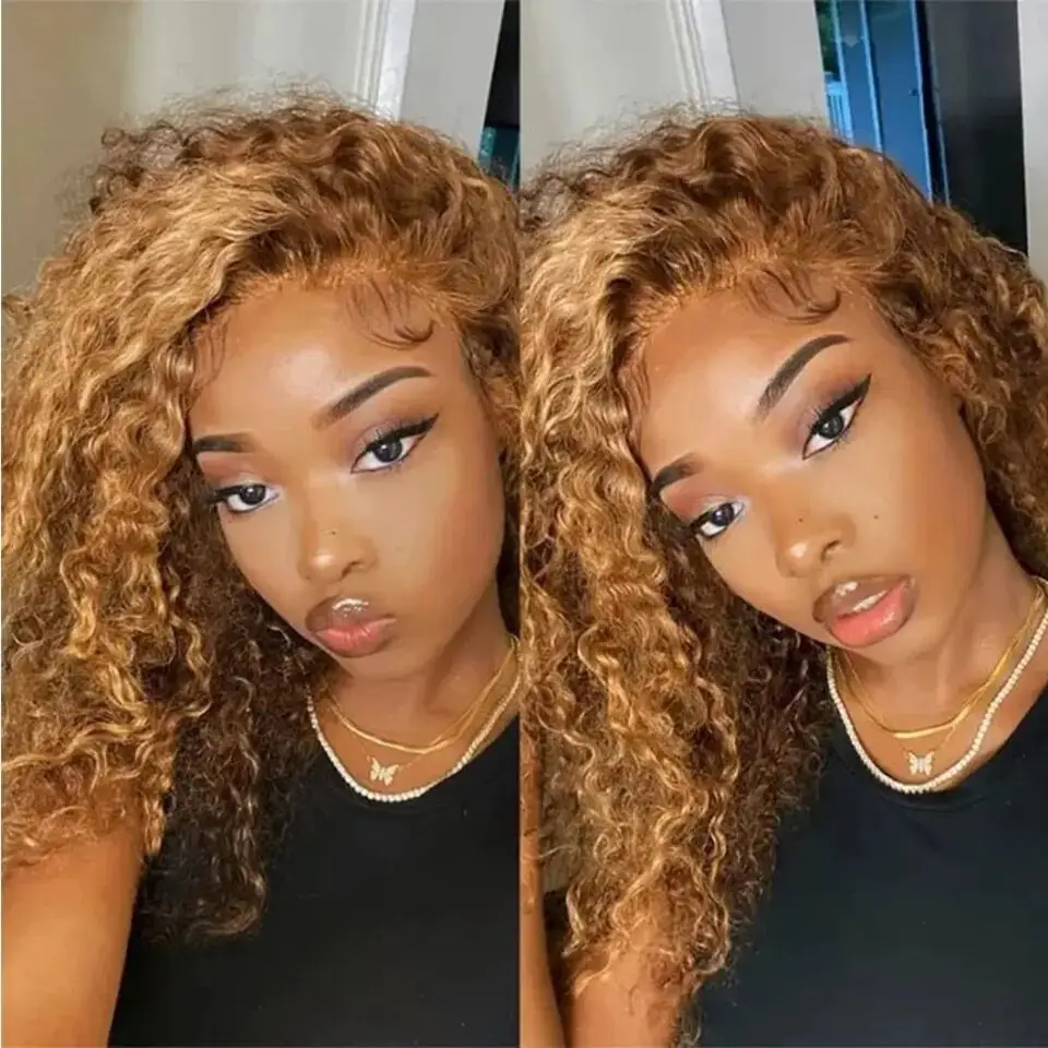 Glueless Highlight Wig Human Hair 4x4 Transparent Honey Blonde Water Wave Lace Wigs 180% Wear Go Pre Cut PrePlucked