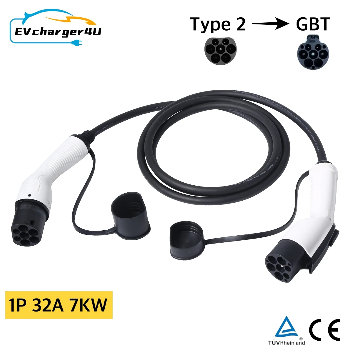 

EVcharger4U Type 2 to GBT EV Charging Cable 1Phase 32A 7KW 4M For China Made GB/T Charing Inlet on Public AC Station