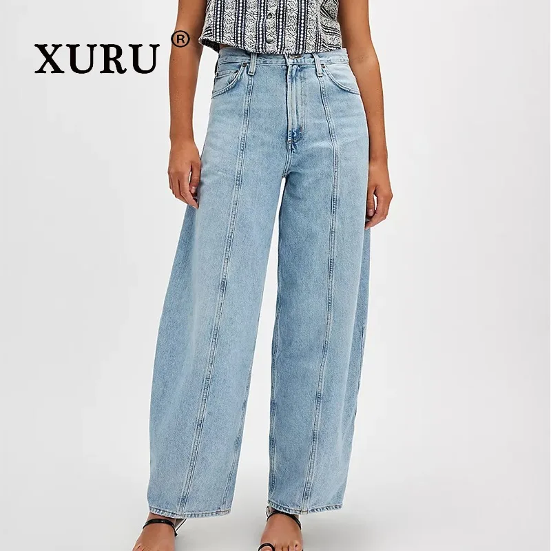 

XURU - New Women's High Waisted Sexy Stretch Jeans, Y2k Clothes Fashionable Straight Leg Pants Washed Street Long Jeans