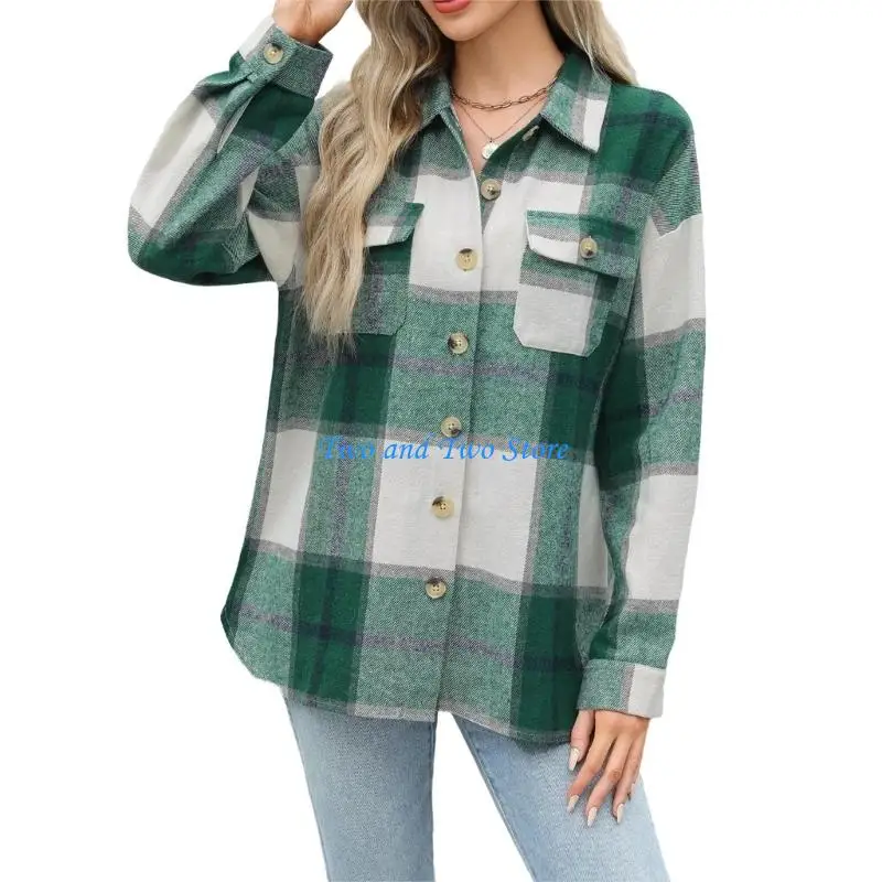 HX6F Womens Fall Outfits Fashion Clothes s Flannel  Button Down Long Sleeve Shirts Jackets