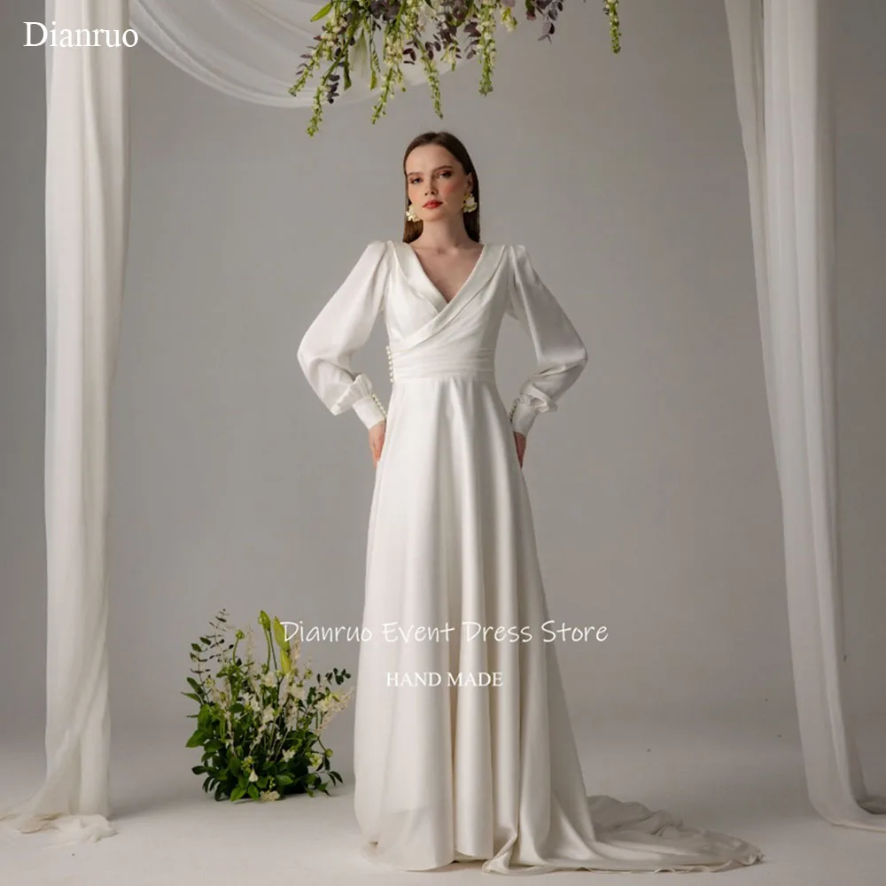 

Dianruo V Neck A Line Wedding Dresses Pearls Pleated Vestidos De Fiesta Elegantes Cross Front Ruched Evening Dresses Customized