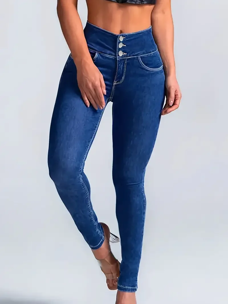 Women Skinny Stretchy Jeans Pocket Zipper Button Open Jeans