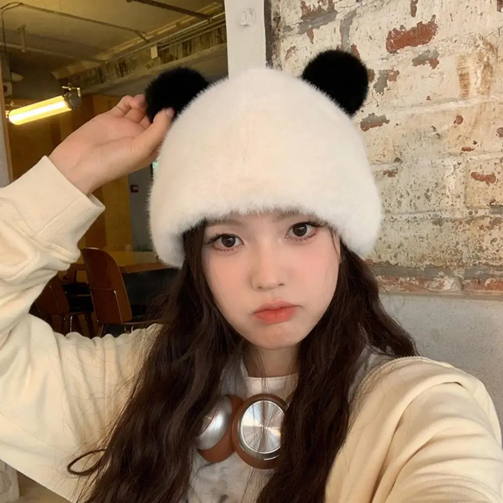 Cute Panda Plush Hat For Women Faux Fur Fluffy Bucket Hat Warm Thick Beanies Cap Bear Ear Plush Hat Winter Cycling Pullover Cap