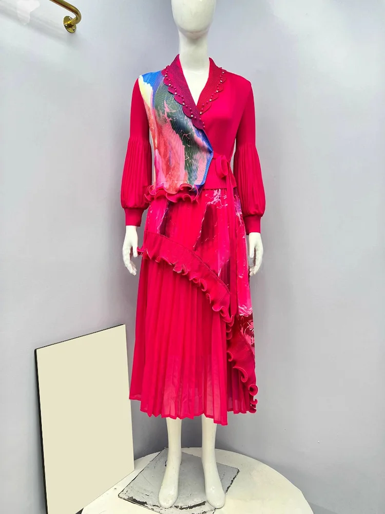 EGRM ใหม่ Miyake ชุดเดรสทรงเอจับจีบประดับด้วยลูกปัด Ruffled Panelling ‌   Spliced Design Loose Large Size with Stretch Prom Dresses 6R7195