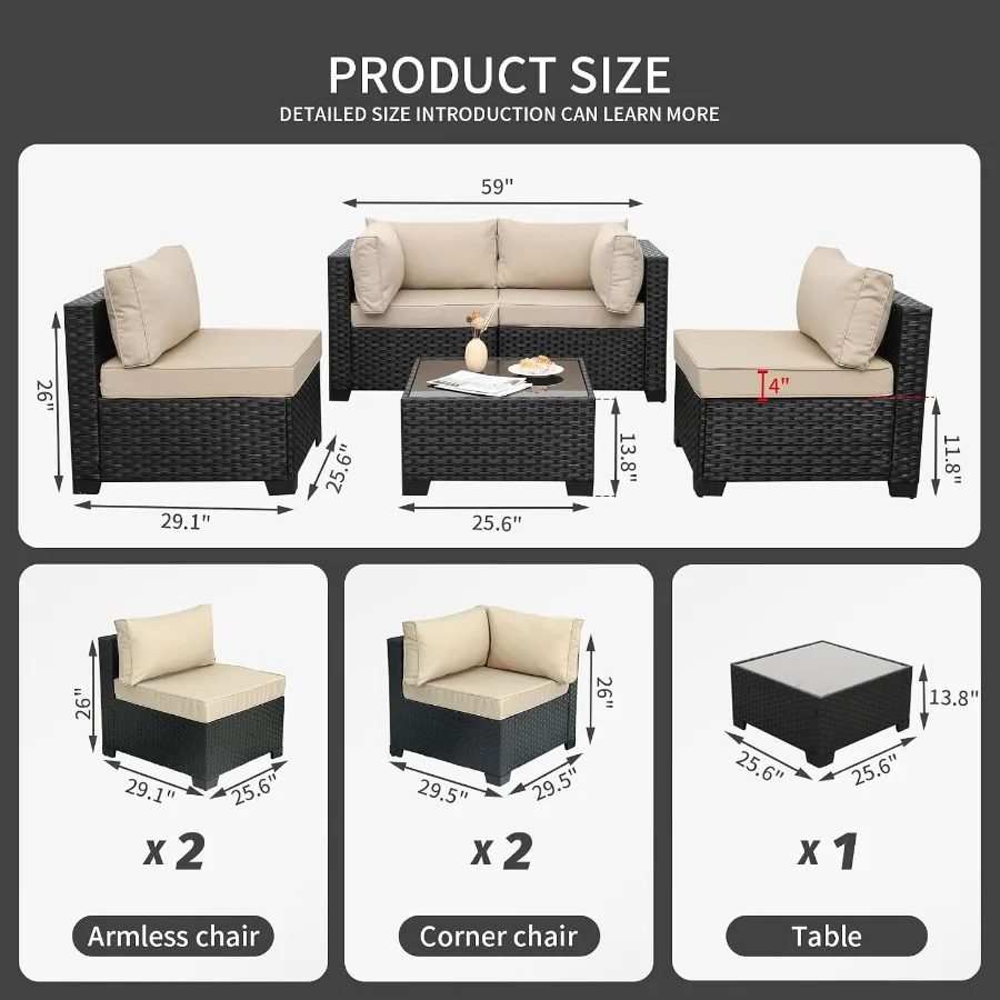 Outdoor 5 Pcs Patio Furniture Set, Black Rattan Conversation Couch Resin Wicker Sectional Sofa Outside Chair with, Cushion