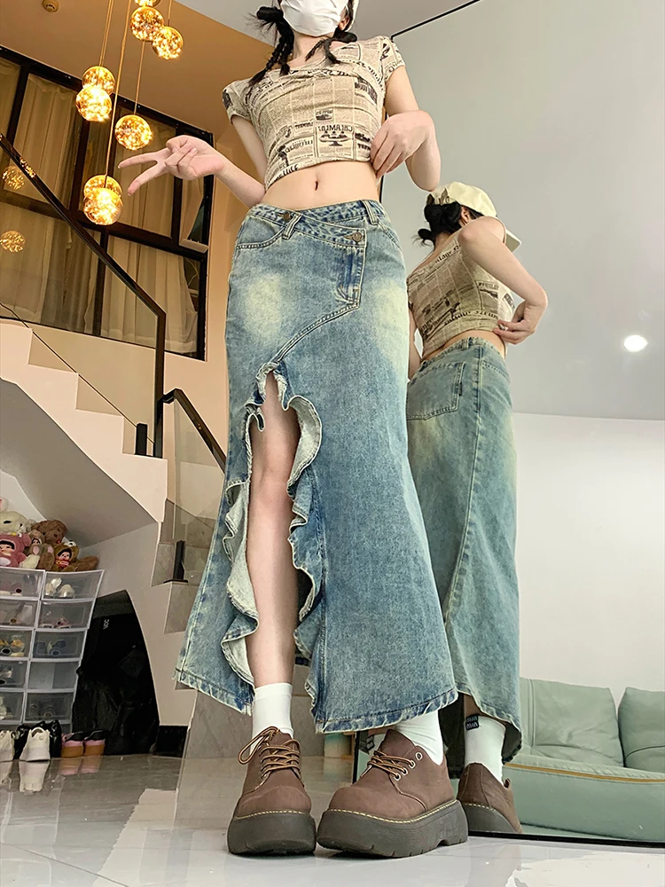 Women\'s Mermaid  Skirt Clothes Blue Skirt Harajuku Korean Girl Casual Chic Fashion Vintage A-Line Denim Skirt Split Hem Coquette