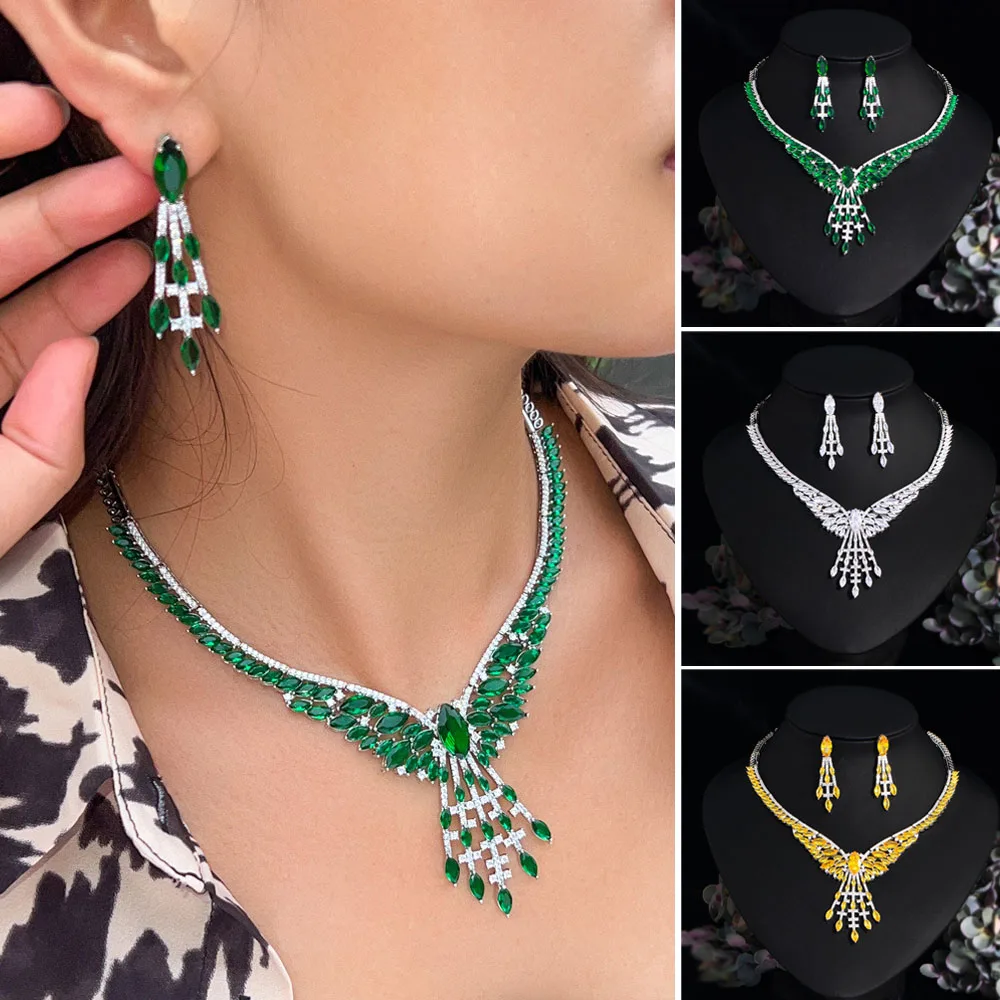 

Luxury Women Full Crystal Rhinestone Zircon Wedding Evening Jewelry Sets Statement Bridal Clavicle Chain Necklace Earrings Gifts