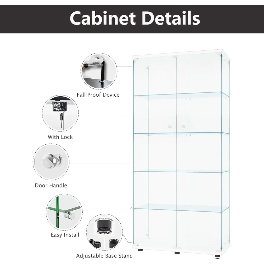 Contemporary Glass Display Cabinet with 5 Shelves and Double Doors for Living Spaces, Bedrooms, Offices, and Educational Setting