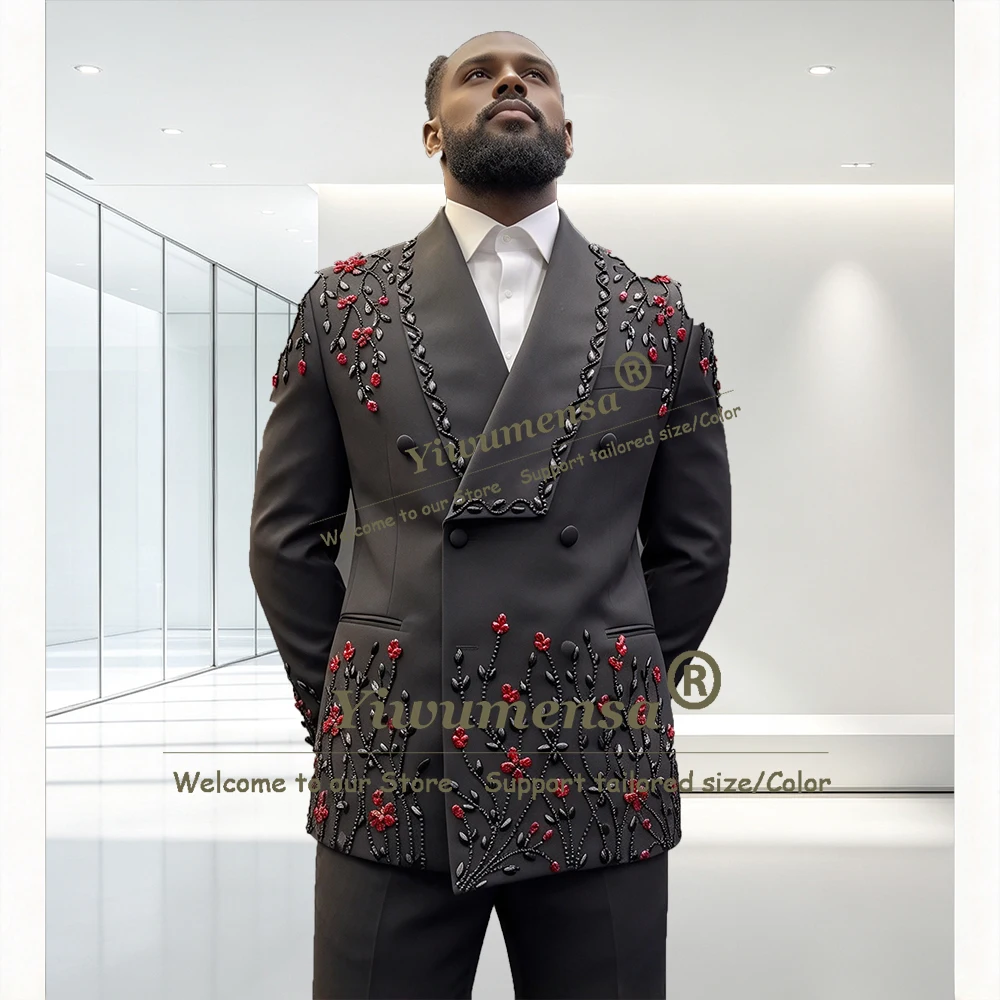 Luxury Men's Tuxedo Suit Set For Wedding Beaded Stones Double Breasted Jacket Pants 2 Pieces Sets Man Banquet Outfit Plus Size