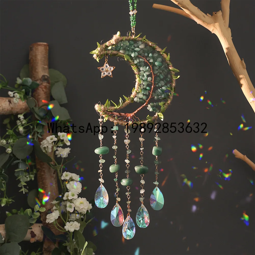 

P2 Hand Wound Natural Crystal Crushed Stone Life Tree Moon Sun Catcher Wind Sheet Bell Pendant Decoration