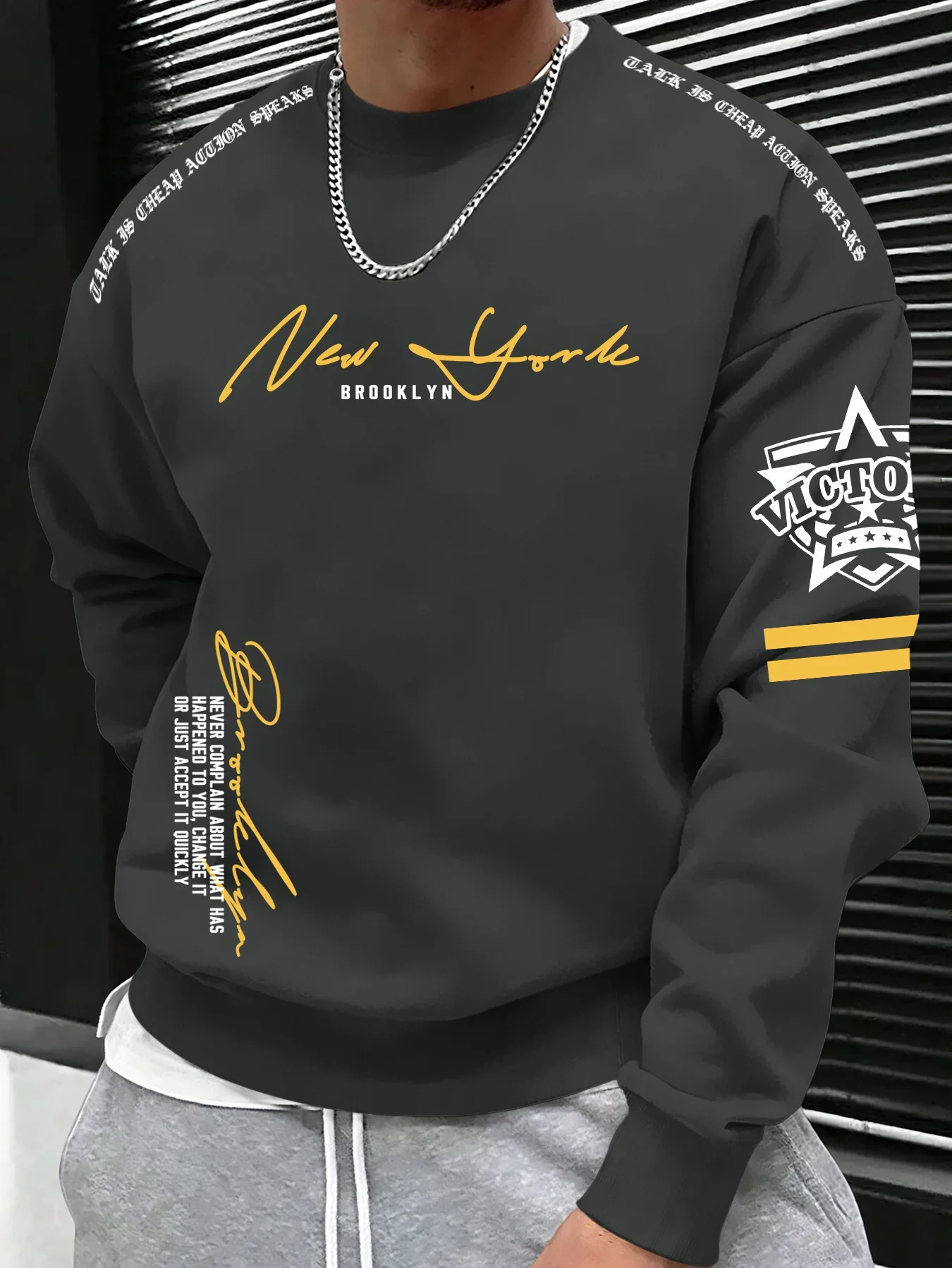Herren Freizeitpullover mit Rundhalsausschnitt und langen Ärmeln, Sweatshirt mit New York Brooklyn Schriftzug- und Abzeichen-Grafikdruck, S-XXL – Detail 6