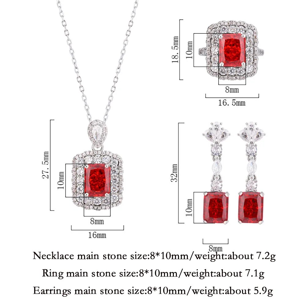 Charms Iced Cut 8*10mm Ruby Necklace Pendant Rings Dangle Earrings for Women Wedding Party Vintage Fine Jewelry Sets Lady Gift