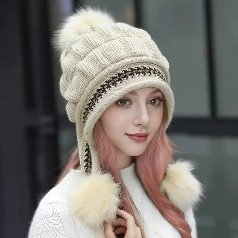 قبعة صغيرة مريحة من الصوف مع غطاء للأذن وقبعة شتوية دافئة من بوم بوم للنساء | مثالية للتزلج والأنشطة الخارجية #5