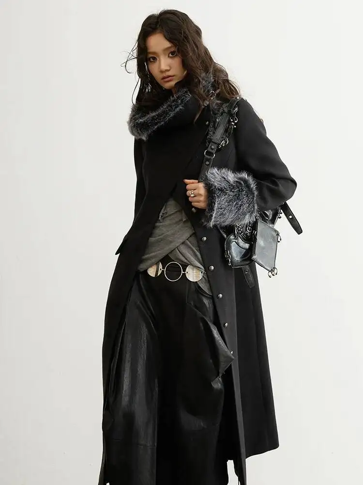 

Long Black Elegant Warm Slim Woolen Coat New Fur Lapel Long Sleeve Women Jacket Fashion Autumn Winter 2026 XK6Q