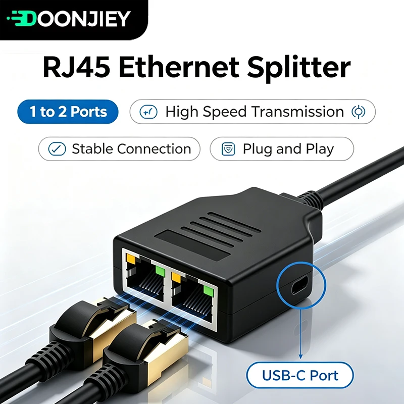 DOONJIEY 1 In 2 Out RJ45 Ethernet Splitter With USB-C Power Supply 100Mbps LAN Network Connector Adapter for Cat5 5e Cat6