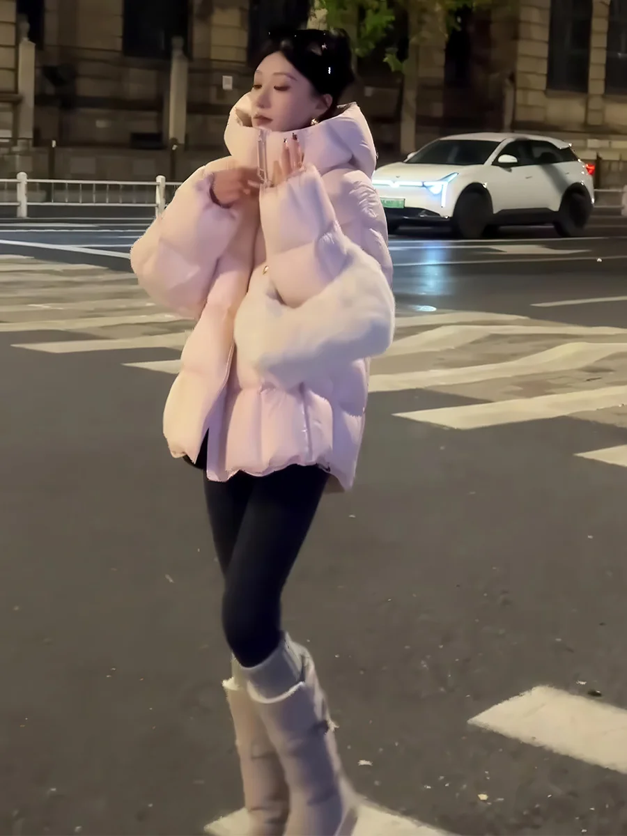 Chaqueta de Plumón Coreana, Estilo Holgado, Color Blanco, con Capucha, para Mujer, Color Rosa, Abrigo de Invierno Informal, Elegante, de Longitud Media, con Cremallera