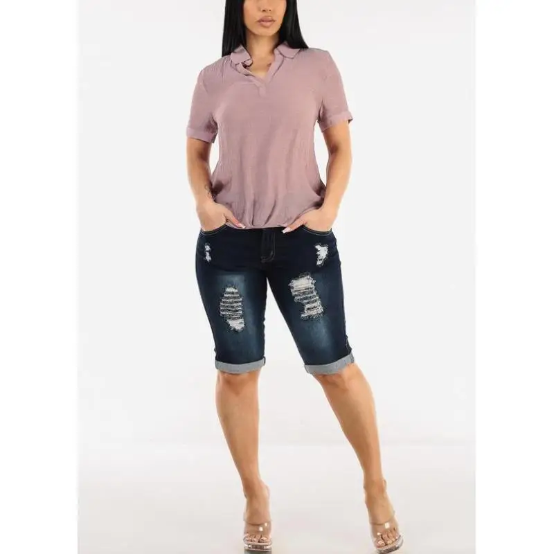 Damskie spodnie dżinsowe Cross-Border New Sle Bermuda, ciemnoniebieskie, modelujące pośladki, w stylu vintage, codzienne, z materiału PVC, o średnio-niskim stanie.