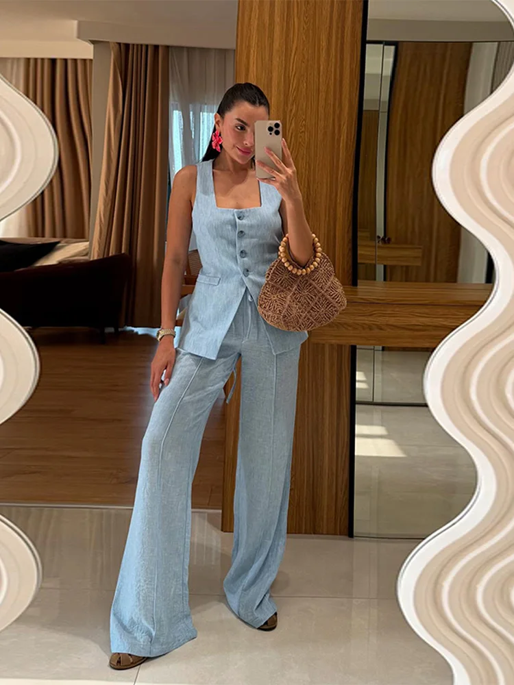 Conjunto elegante de chaleco y pantalones con cuello cuadrado para mujer, traje sin mangas con botones y cintura ceñida, moda de verano 2025, trajes de oficina de 2 piezas para mujer