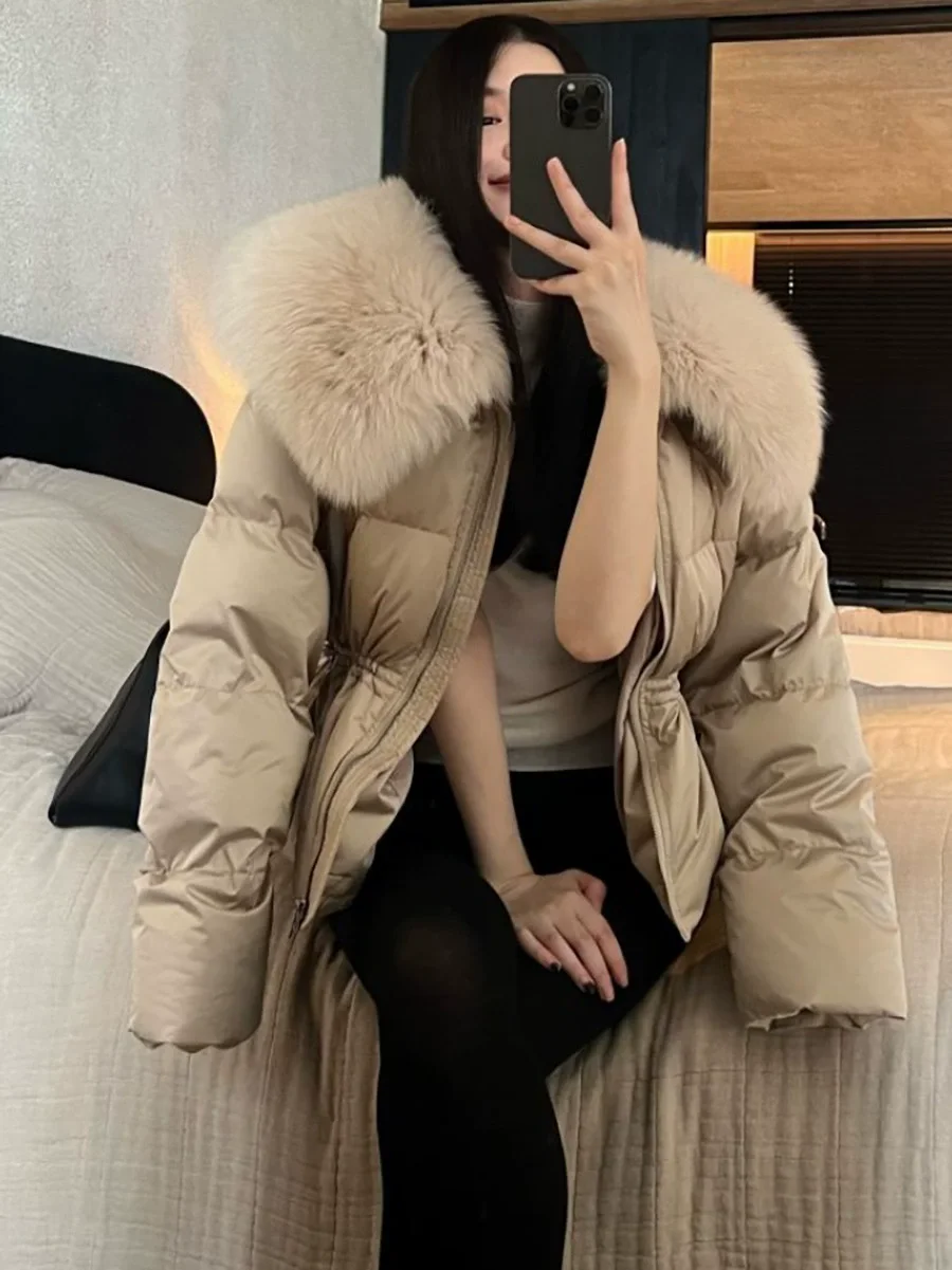 High-end Oversized Fox Fur Collar Waist Down Jacket For Women 2025 Winter Fashion Slimming Coat
